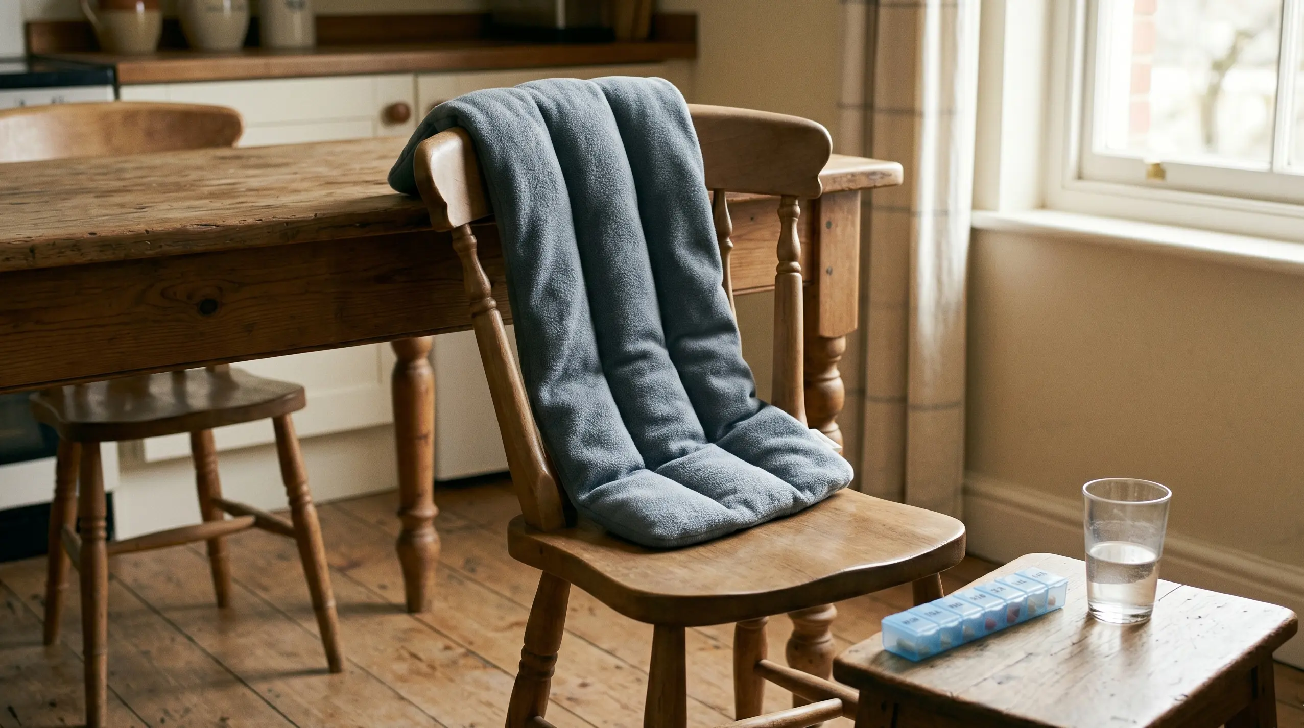 A heat pack draped over a kitchen chair beside a pill organiser and a half-finished glass of water