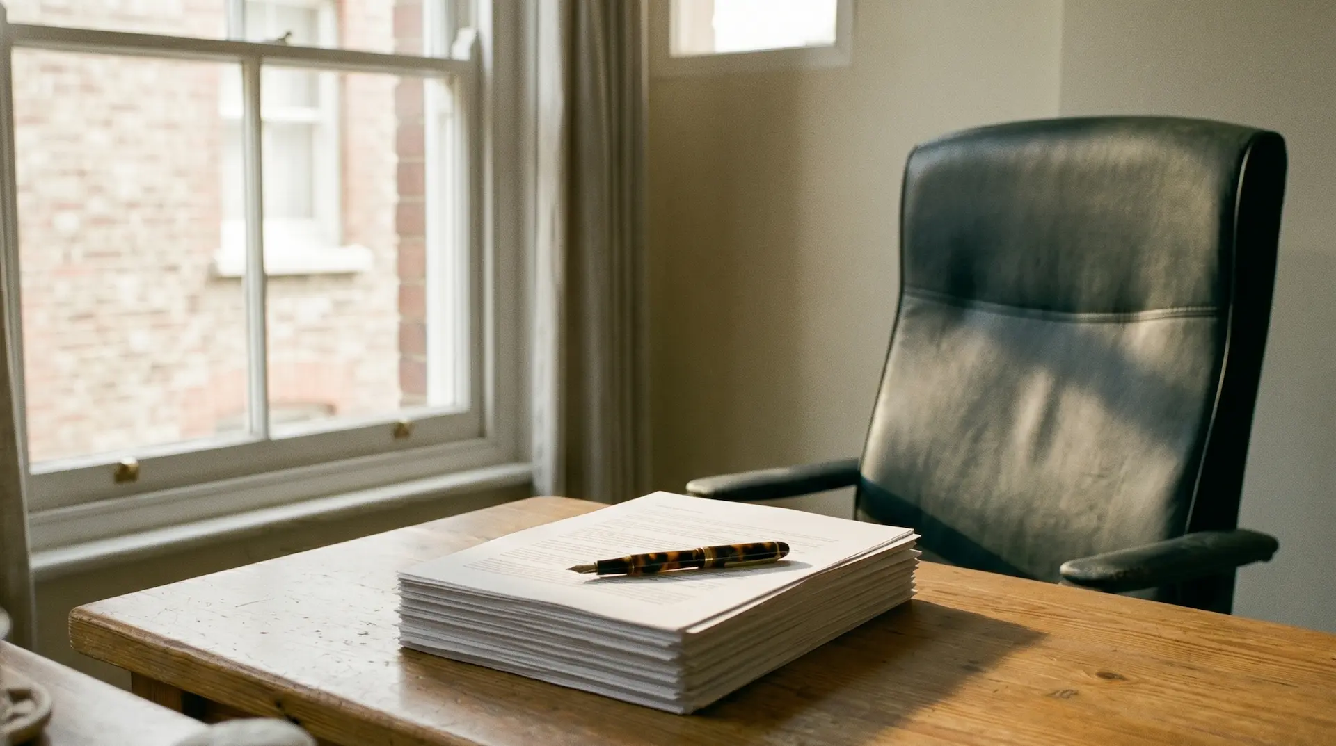 A neat stack of policy papers on a desk in front of an empty office chair, late-afternoon light