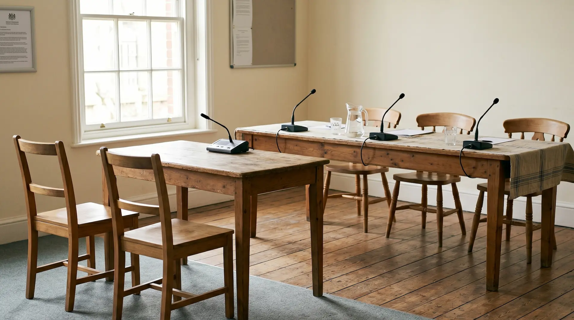 An empty tribunal-style meeting room with a table and three chairs on one side, two on the other, soft daylight