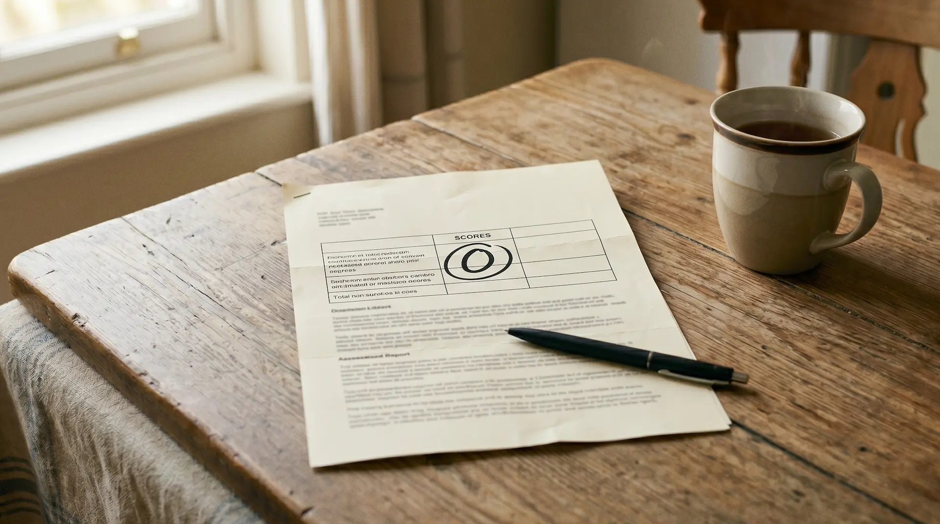 A decision letter face-up on a table with a large 0 visible at the top of a score section, a cup of tea half-drunk beside it